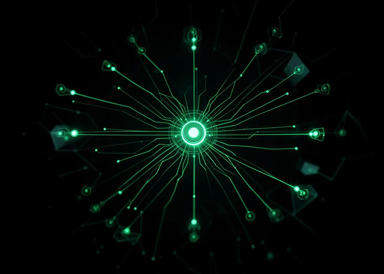 Abstract diagram of a wallet API hub distributing deposit addresses and webhooks to many endpoints