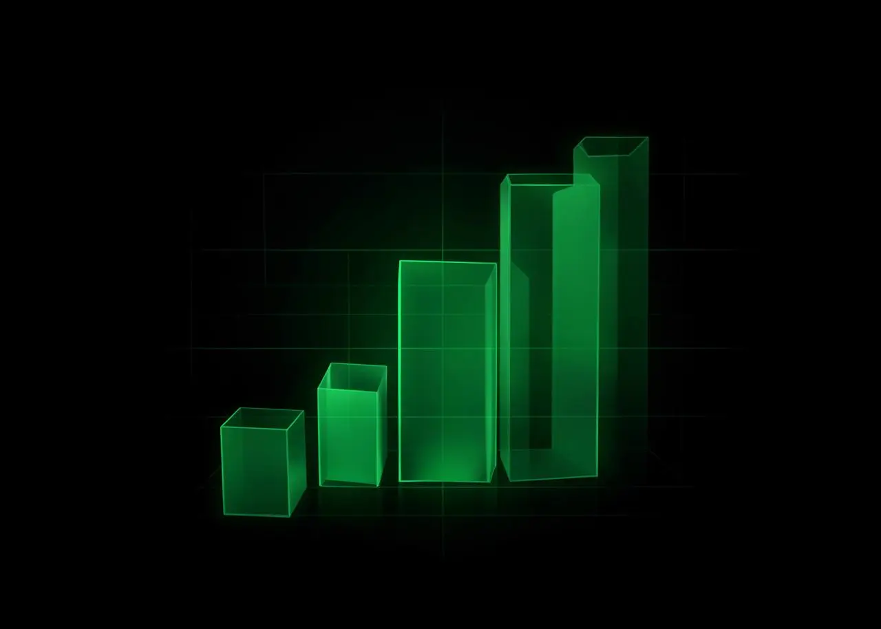 Abstract glowing green blocks rising in steps, representing scaling wallet capacity tiers